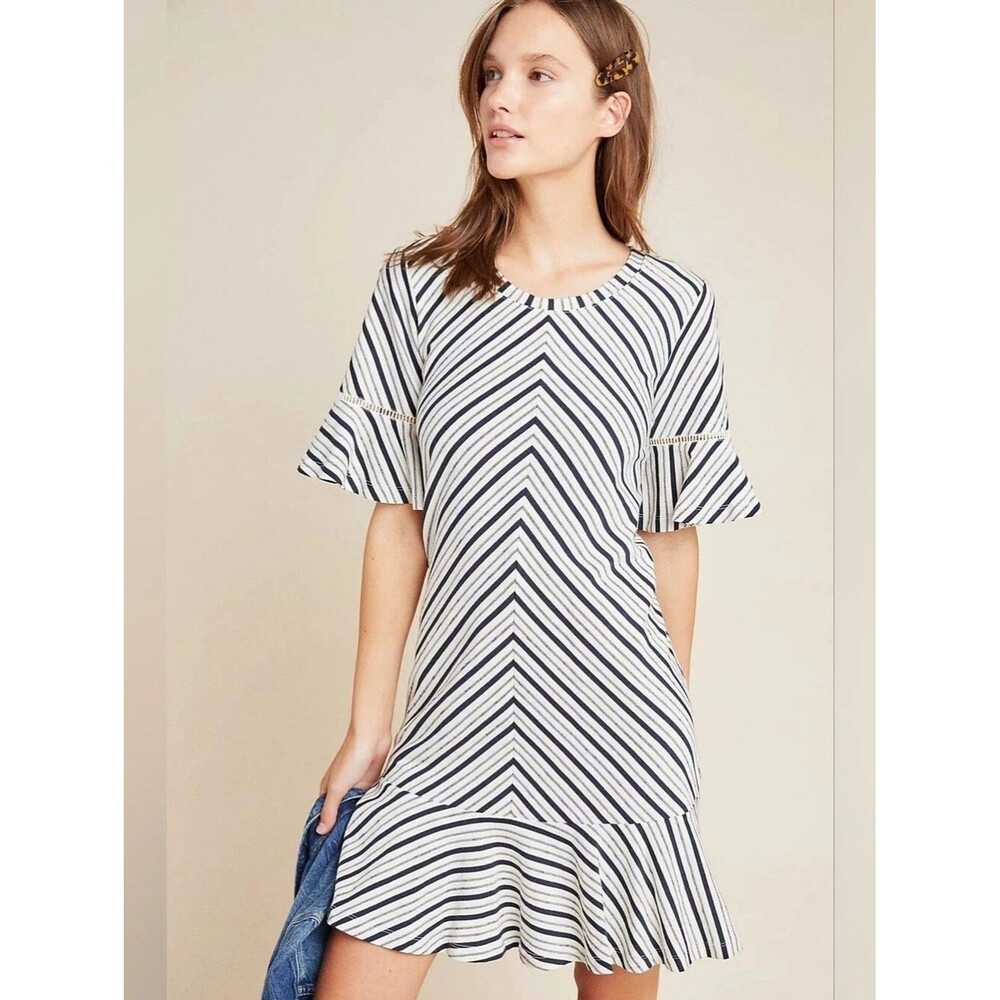 Maeve Anthropologie Galena Striped Flounce Tunic Tee Dress Size XSP Petite